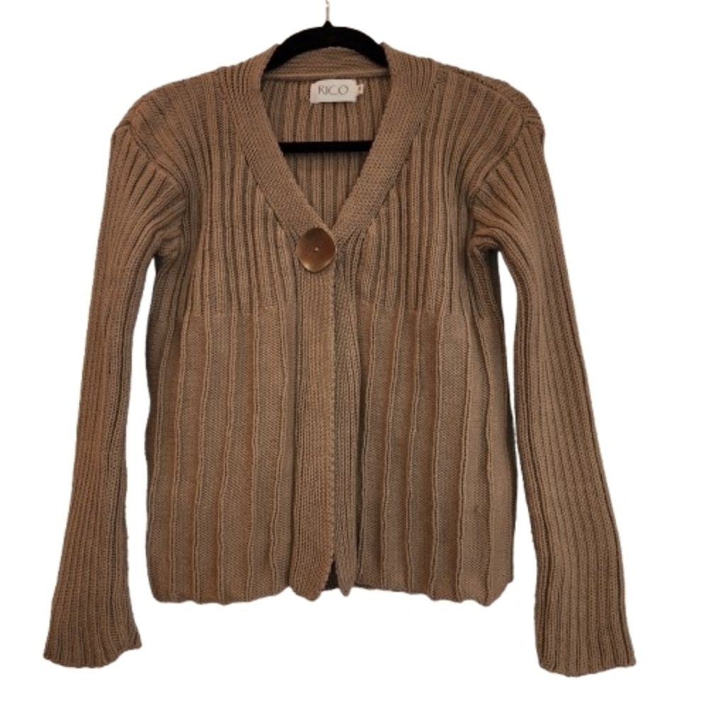 Rico Cable Knit Sweater Ribbed One Button Front Size S Brownish Olive Color Cute